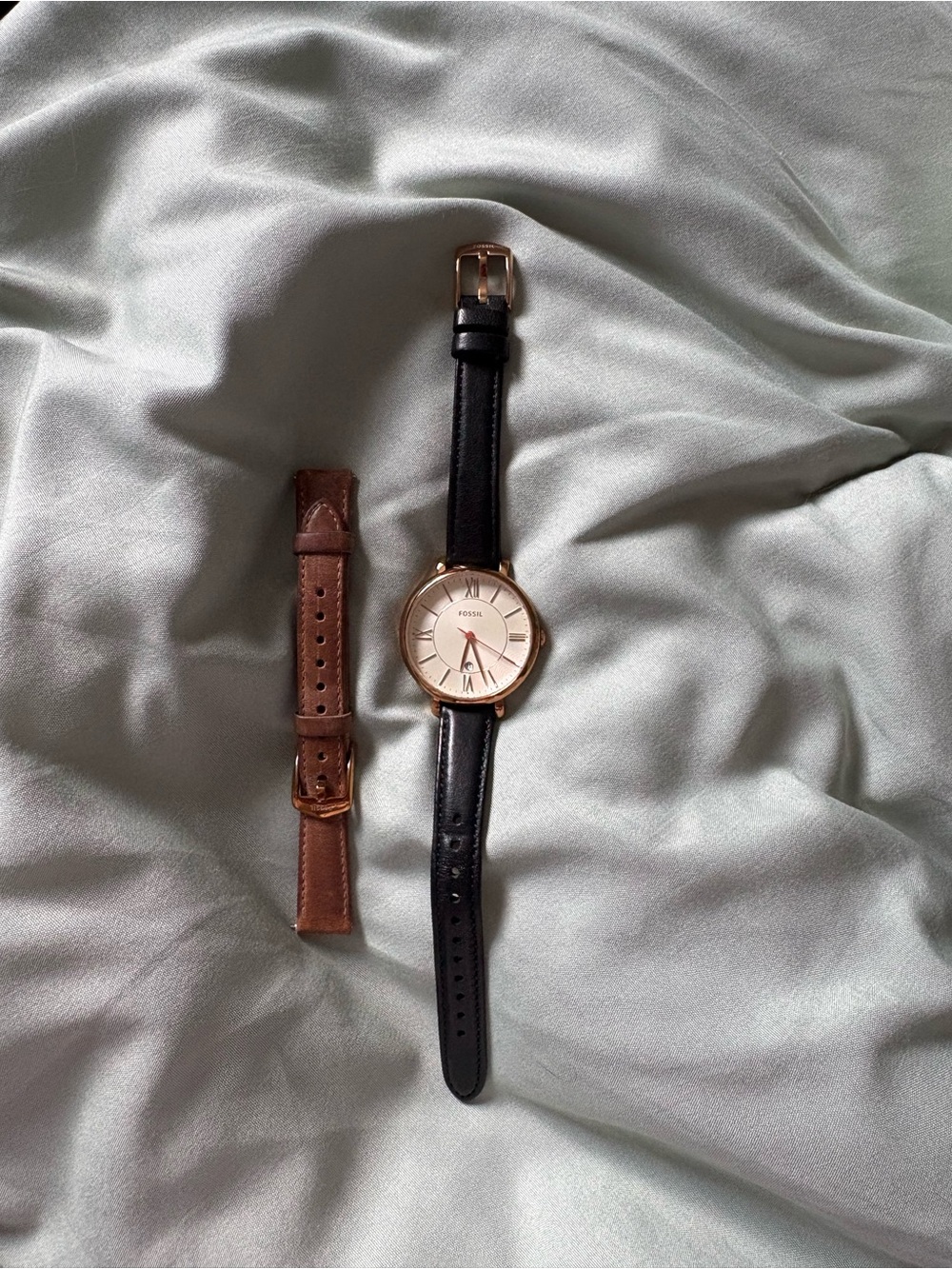 Fossil Rose Gold Dial Watch with Black and Brown Leather Straps